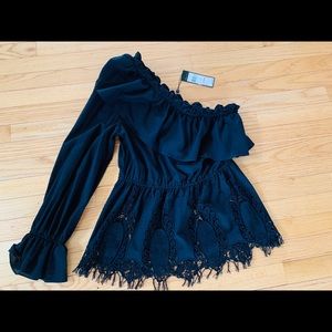 BCBG MAXAZRIA Ruffle One Shoulder Blouse.